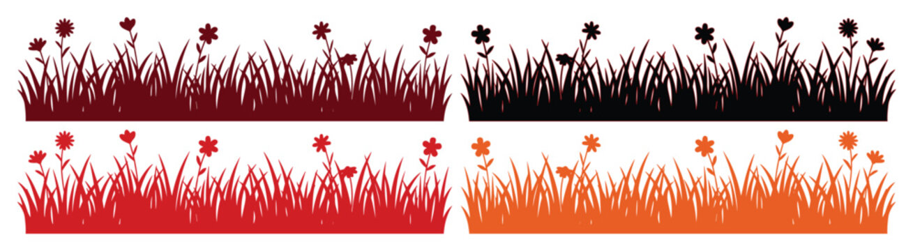 Silhouette grass borders with wild flowers, set of 4 horizontal floral meadow vectors, black and red garden grass fringes for landscape design