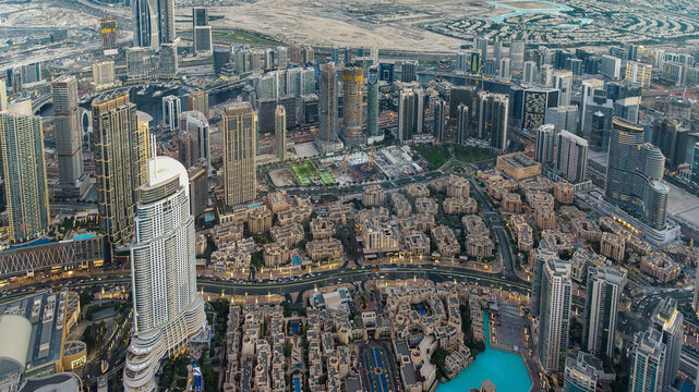 Dubai downtown aerial view at dusk