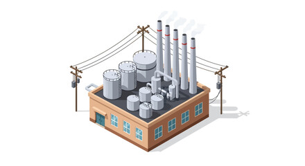 Naklejka premium Isometric industrial factory illustration with smoke stacks, storage tanks, and power lines, representing modern manufacturing and energy production facilities