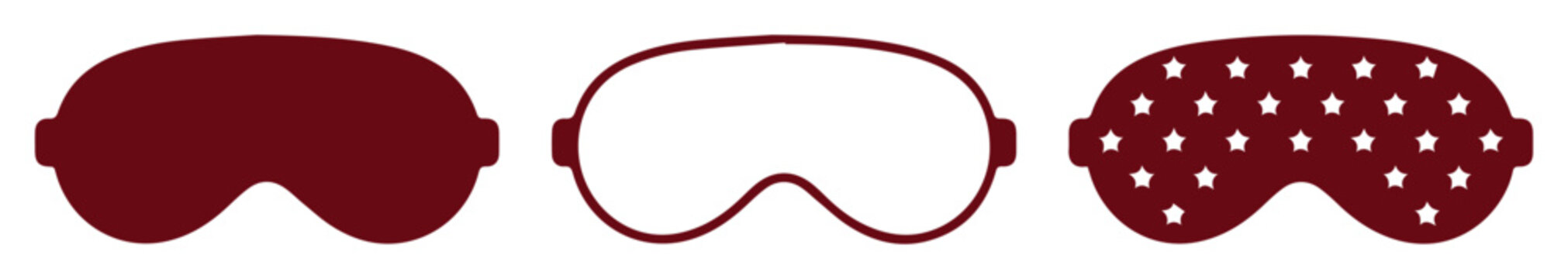 Sleep mask vector icons set, burgundy eye mask collection for travel and wellness, dark red blindfold silhouettes with polka dot pattern