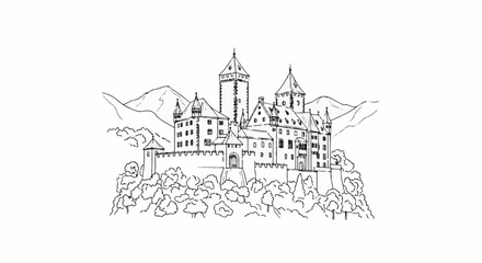 Fototapeta premium Hand-drawn sketch of a medieval castle perched atop a hill with mountains behind
