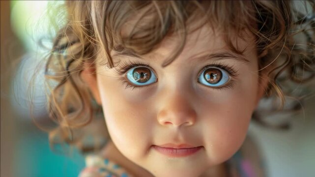 Portrait of a young girl with a focused gaze and colorful eyes.
