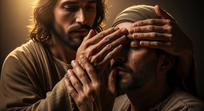 Jesus Christ healing a blind man by touching his eyes. Biblical scene of a miracle from the New Testament. Spiritual religious concept of divine mercy, compassion, faith and holy grace.