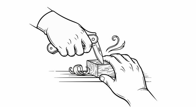 Hands carving a wooden block with a knife, creating wood shavings