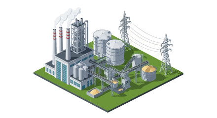 Fototapeta premium Isometric industrial complex illustration showcasing a modern factory with power generation infrastructure, storage tanks, and material processing facilities on a clean white background