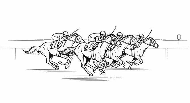 Five racehorses and jockeys charge forward in a competition