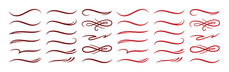 Elegant red calligraphy flourishes and decorative swooshes, set of 30 hand-drawn vector swashes, ornamental underline strokes for wedding invitations © I'm_coming