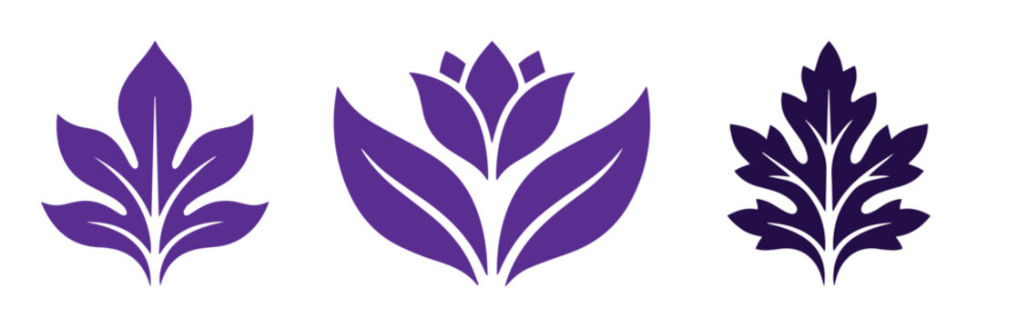 Purple floral logo icons, set of 3 botanical leaf symbols, elegant violet flower and foliage vector elements for branding and wellness design