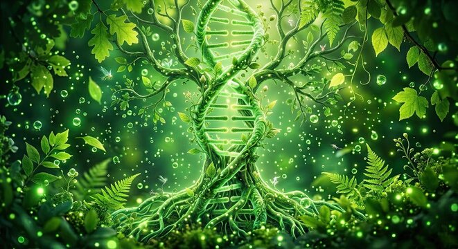 A conceptual illustration of a DNA double helix integrated into the trunk of a lush green tree in a magical forest