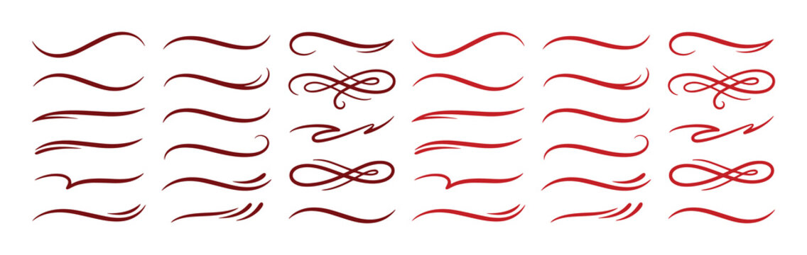 Elegant red calligraphy flourishes and decorative swooshes, set of 30 hand-drawn vector swashes, ornamental underline strokes for wedding invitations