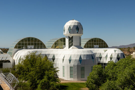 Biosphere 2 Oracle Arizona circa 2026 Human Habitat white building with lung buildings in the background