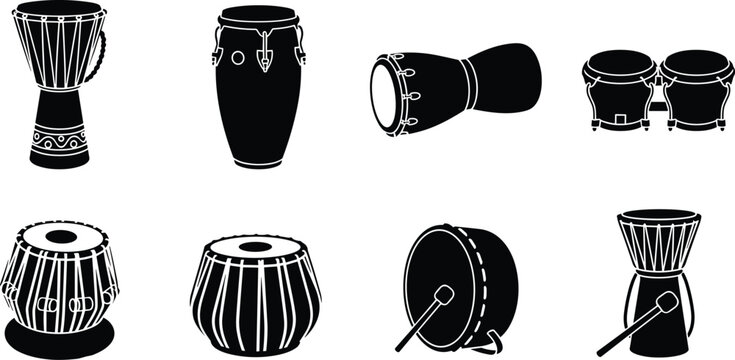 Percussion drum silhouette vector icon set featuring djembe conga tabla bongo and traditional hand drums in clean black style isolated on white background