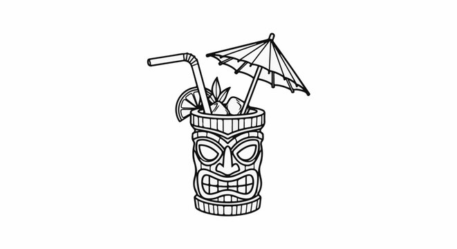 Hand drawn sketch of a tiki cocktail with umbrella and straw