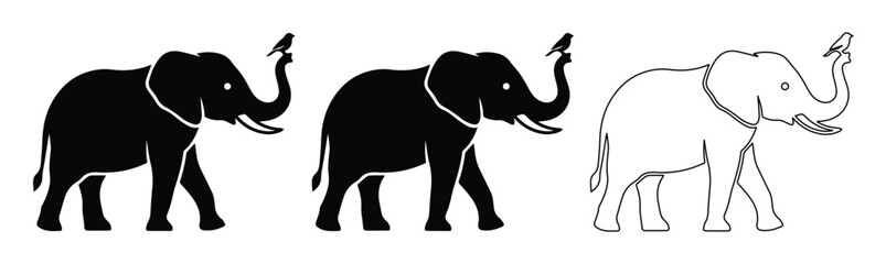 Fototapeta premium Vector black elephant silhouette and outline icon set with trunk up, isolated on white