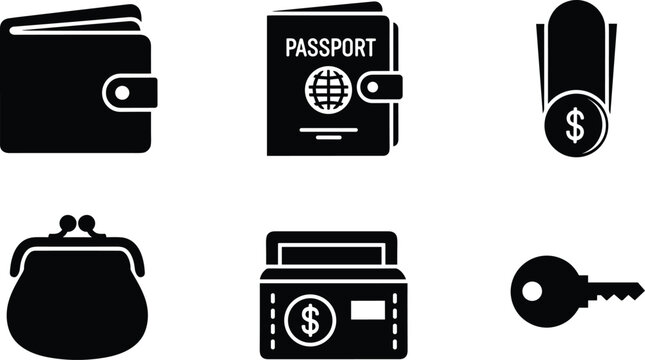 Personal finance and travel items silhouette vector icon collection featuring wallet passport money clip coin purse cash case and key arranged in grid layout isolated on white background