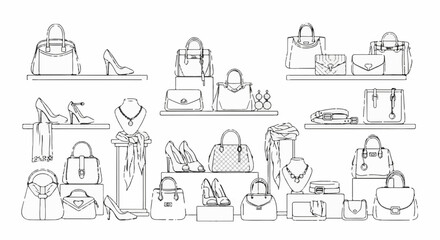 Naklejka premium Fashion accessories display handbags, shoes, and jewelry on shelves and stands
