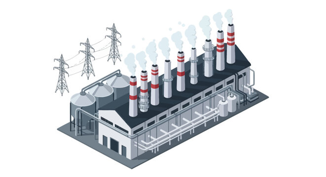 Industrial Power Plant with Smokestacks and Transmission Towers Producing Electricity