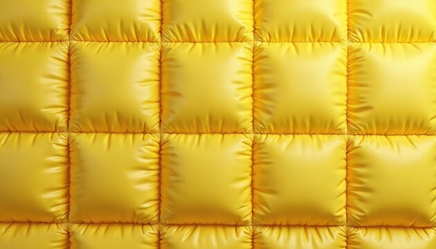 Bright yellow quilted fabric forms a soft, padded texture with a repeating square pattern. This puffy textile surface offers a warm, cosy, and vibrant background for various design needs.