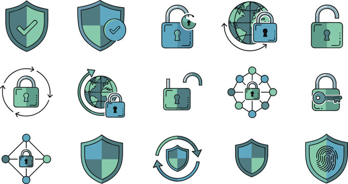 Cyber security icon set with shield lock network protection global data safety symbols for web app interface design