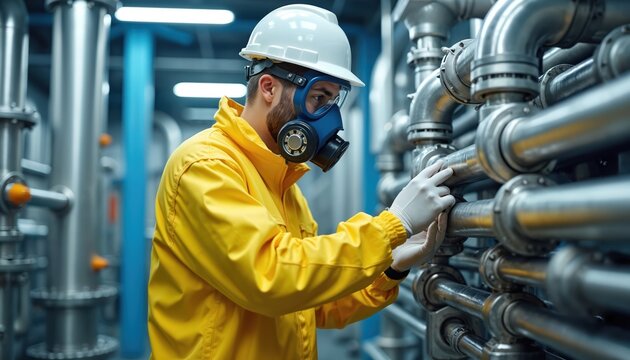 Worker in protective yellow suit and gas mask checks industrial pipes. Man wears hard hat and gloves in factory. Safety engineer checks pipeline system in plant.
