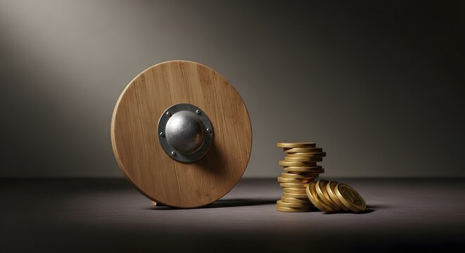 Round Wooden Shield and Stacked Gold Coins on Dark Surface