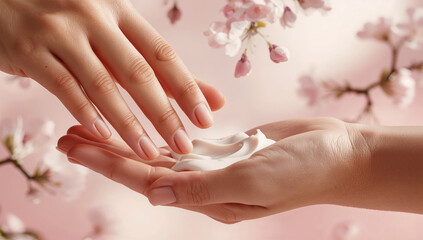 Naklejka premium 桜の香りのハンドクリームが手肌に春の潤いを与える日本人の手元