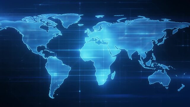 Digital blue world map with glowing light lines and nodes representing global connectivity and information technology networks on a dark background