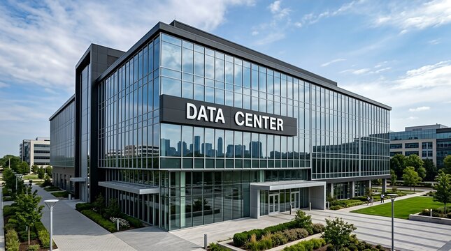 A sleek data center with large glass windows under a bright sky. Modern design emphasizes technology and efficiency.