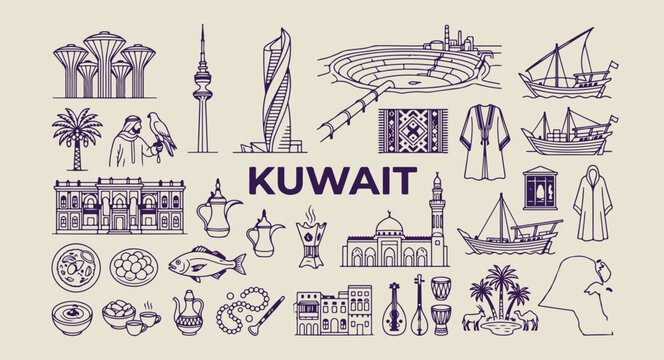kuwait travel and skyline doodles, hand drawn kuwait city sketches, aesthetic kuwaiti culture art, creative kuwait tourism line art, minimal middle east travel icons, scrapbook kuwait travel elements,