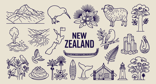 new zealand nature and kiwi art, hand drawn auckland landmarks, aesthetic kiwi culture doodles, creative new zealand travel icons, minimal maori design line art, scrapbook new zealand travel elements,