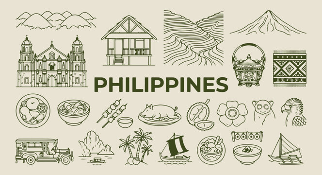 philippines travel and island doodles, hand drawn manila landmarks, aesthetic filipino culture sketches, creative philippines tourism line art, minimal tropical beach icons, scrapbook philippines trav