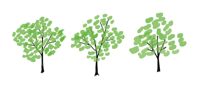 Small green trees set hand drawn landscape clipart collection