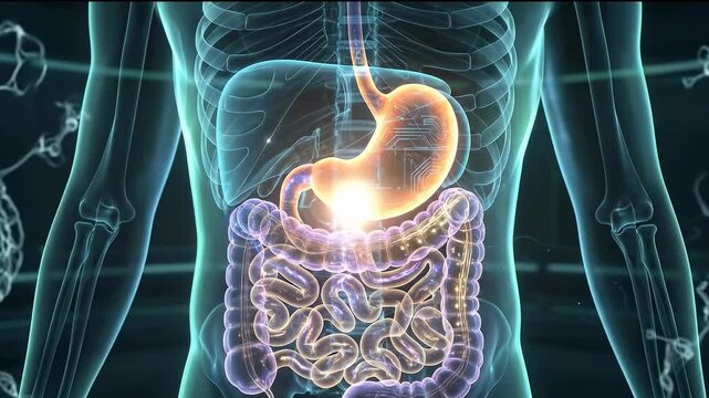 Detailed medical visualization of digestive organs with glowing stomach. Concept of healthcare, anatomy and internal processes.