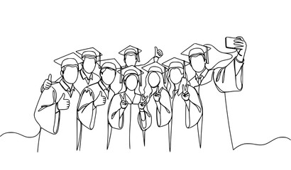 Continuous line group of graduates posing for photo illustration graduation people line art vector © Nirendranath
