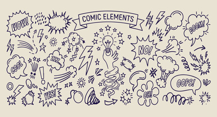 comic energy and flash doodles, aesthetic lightning bolt sketches, creative action element art, hand drawn comic icon set, minimal energy line drawings, scrapbook pop art doodle set, whimsical power d © Geetaroy