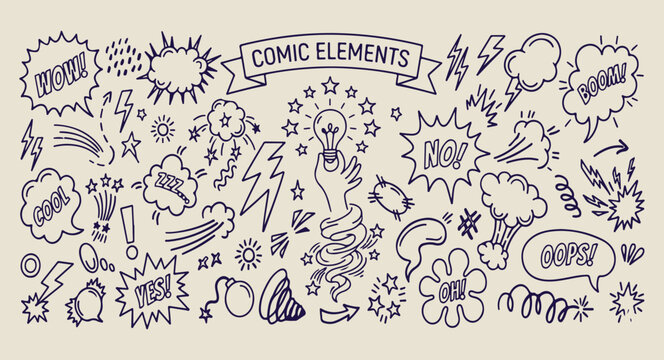 comic energy and flash doodles, aesthetic lightning bolt sketches, creative action element art, hand drawn comic icon set, minimal energy line drawings, scrapbook pop art doodle set, whimsical power d