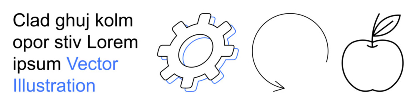 Process design, sustainability, education, natural products, innovation, eco-friendly concepts. Gear, circular arrow apple outline icons. Process design and sustainability