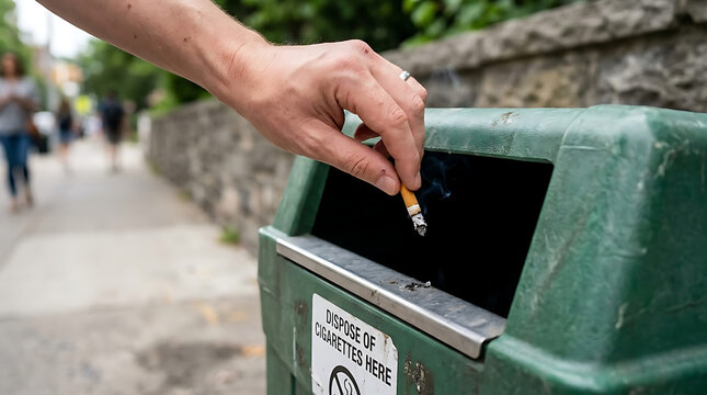 Hand Throwing Cigarette into Trash Bin for World No Tobacco Day Representing Quit Smoking Decision Healthy Lifestyle Change and Tobacco Control Concept