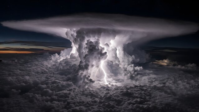 Majestic supercell storm cloud illuminated by fierce lightning flashes over dark terrain excellent for weather forecasting visuals climate concepts or moody atmospheric designs.