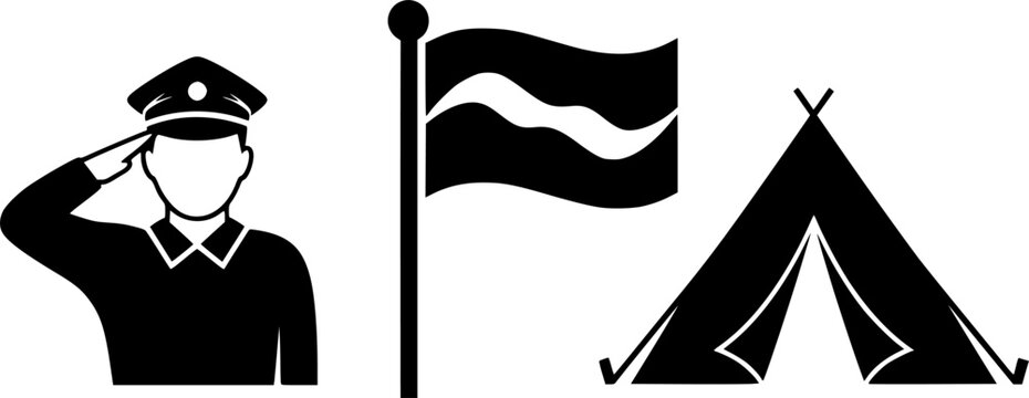 Military service and patriotic army camp icon set featuring simple black silhouettes of a saluting soldier a waving flag and a tent &ndash; Black and White Vector Illustration