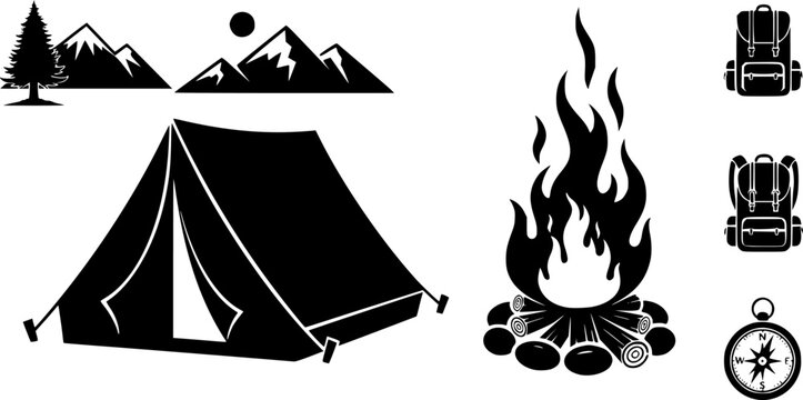 Outdoor adventure and nature recreation icon set featuring simple black silhouettes of a camping tent and a burning campfire &ndash; Black and White Vector Illustration