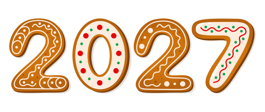 2027 gingerbread cookies with colorful icing. New Year banner with vibrant numbers. Winter holiday or dessert theme vector illustration.