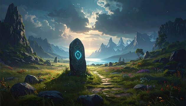 A serene landscape with a glowing stone and a pathway