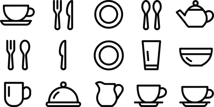 Dining and beverage icons set with cups plates cutlery teapot pitcher and tableware line vector illustration for cafe and restaurant