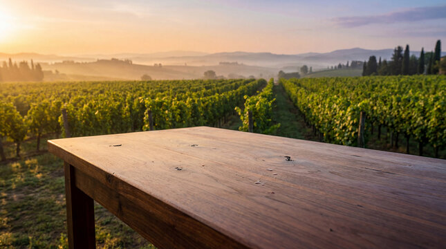 Rustic wooden table in the foreground overlooking a beautiful Tuscan vineyard at golden hour. Ideal for product display or text
