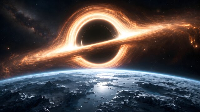 Stunning cosmic illustration of a glowing black hole with accretion disk over a planet atmosphere perfect for sci fi concepts astronomy education and space exploration themes.
