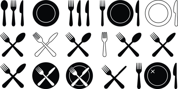 Dining cutlery and plate icons set with fork spoon knife crossed utensils and tableware black silhouette vector illustration collection