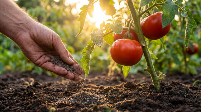 A hand applying granular fertilizer to a vibrant tomato plant in a sunny garden, promoting healthy growth and a bountiful harvest