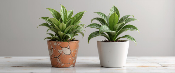Fototapeta premium Indoor plant repotting before and after with green foliage pots 