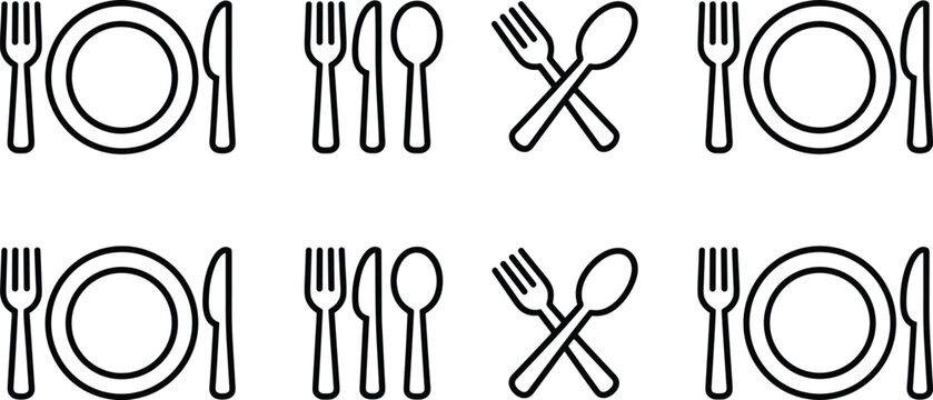 Dining table setting icons with plate fork spoon knife arranged patterns line vector illustration for restaurant menu and food service design